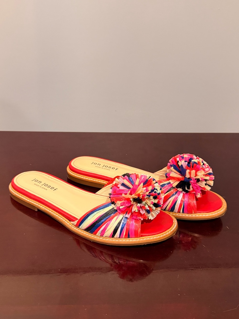 Jon Josef Raffia Pom Pom Slide Sandals – Size 8M – NEW/Unworn